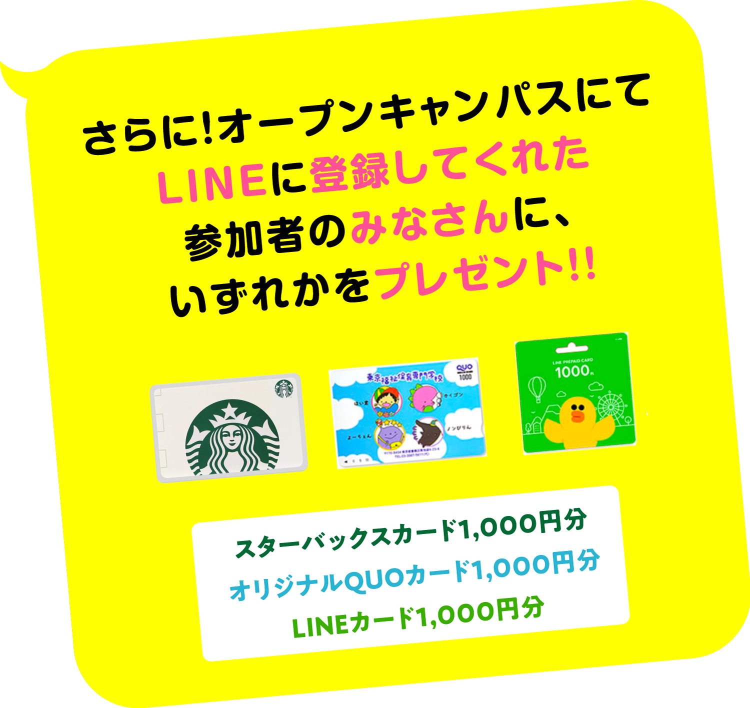 さらに！オープンキャンパスにてLINE@に登録してくれた参加者のみなさんに、いずれかをプレゼント！！ iTunesカード1,000円分オリジナルQUOカード1,000円分LINEカード1,000円分